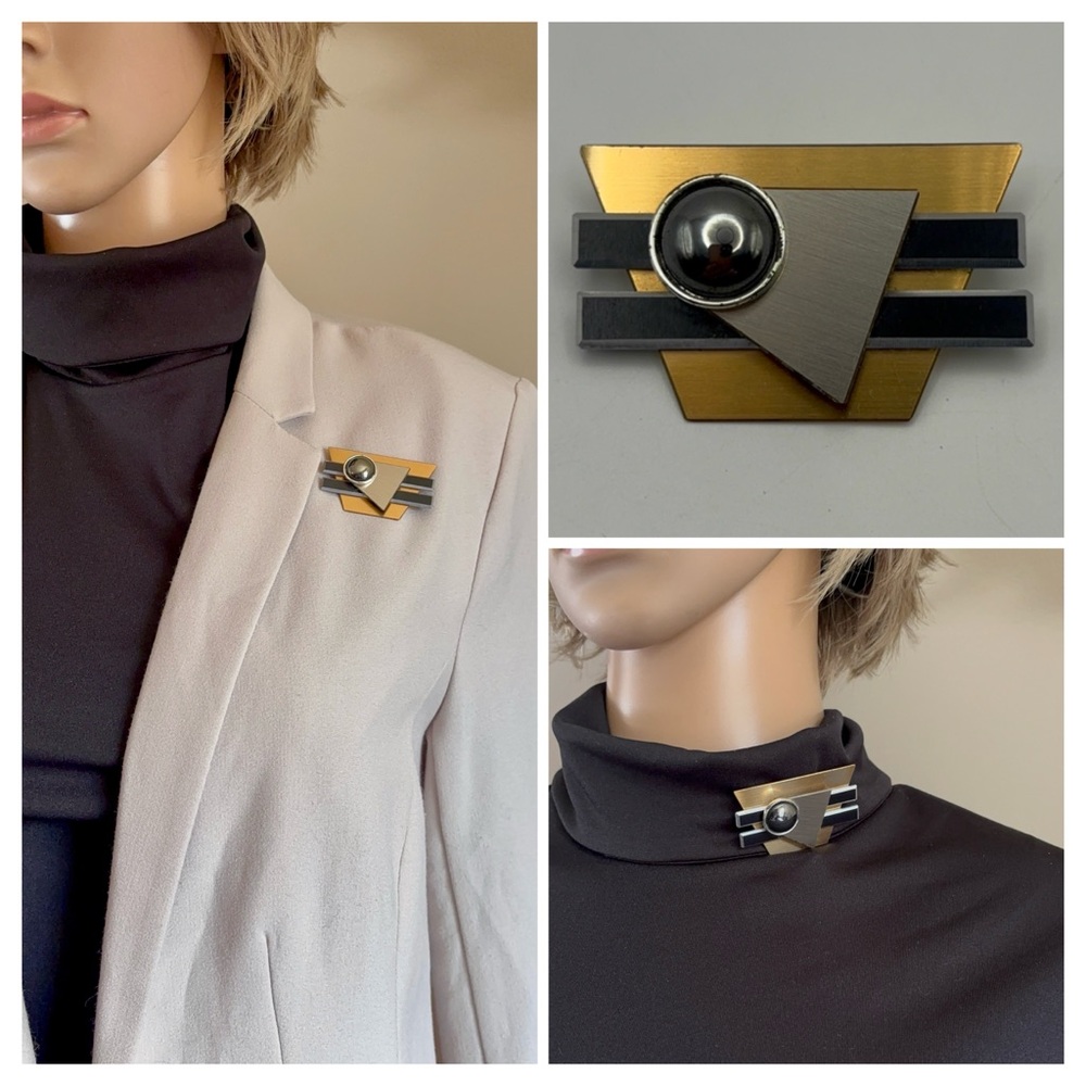 Vintage 80s Geometric Brooch Architectural Mixed Metal Pin